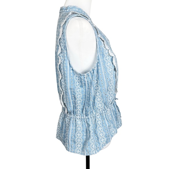 Ann Taylor Blouse Size Large Blue Eyelet Sleeveless Drawstring Waist Peplum Top - Picture 4 of 9